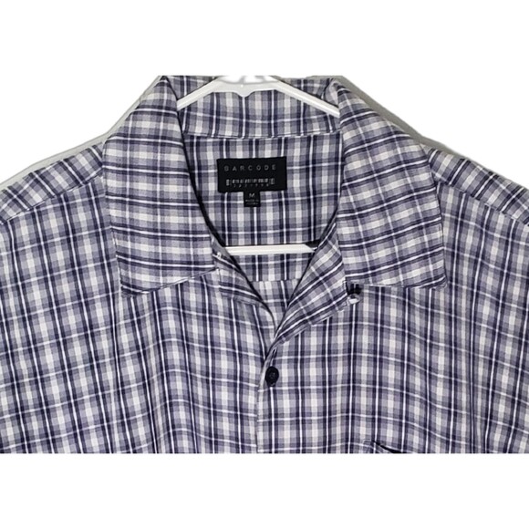 Barcode Casual Button Up Shirt Men's XL Short Sleeve Blue Plaid Polyester - Picture 2 of 3